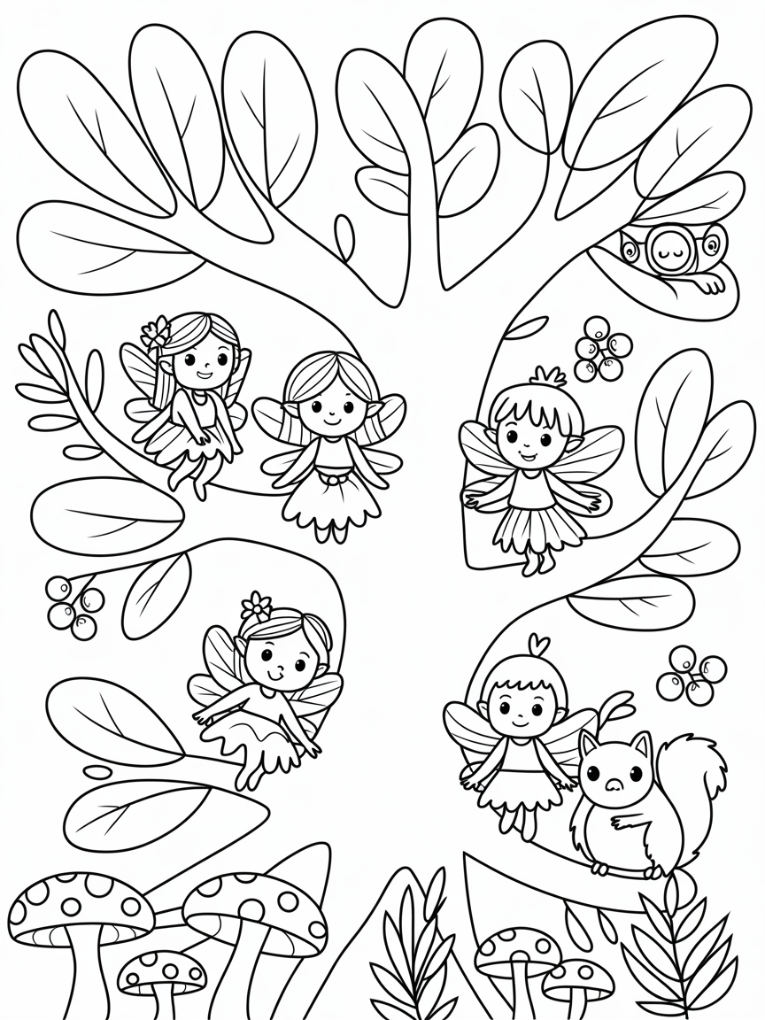 Fairies in trees with mushrooms, berries, and other creatures - Free Coloring Page