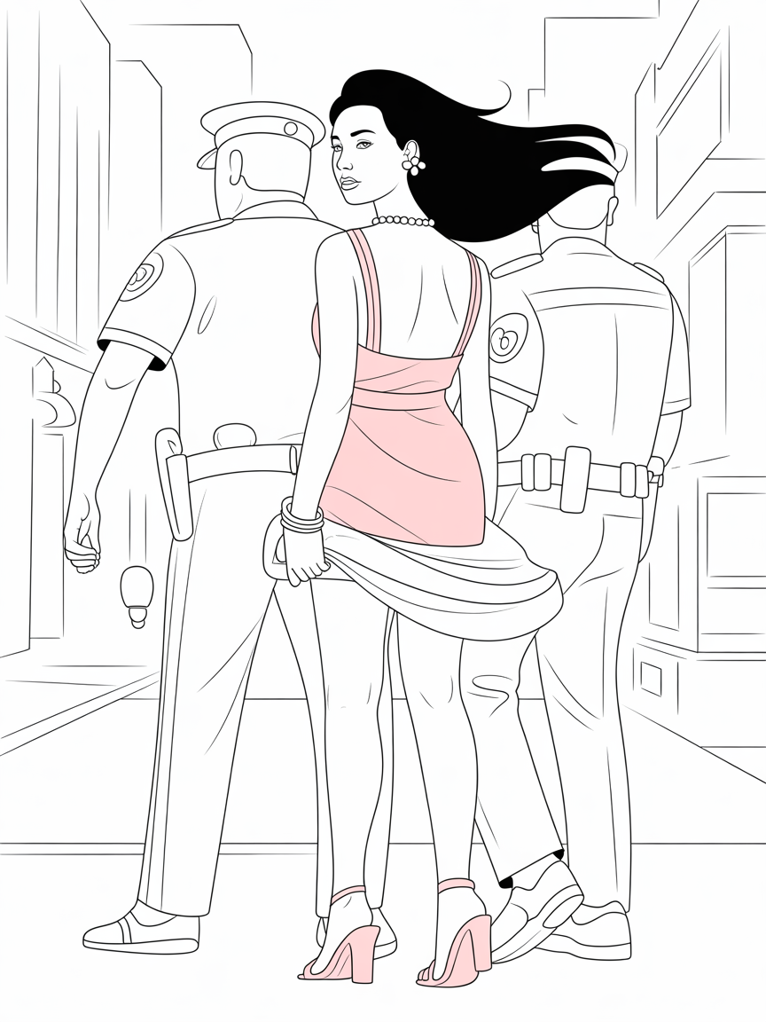 A woman with her back to the audience. She has long black hair, brown eyes, red lipstick, pink fingernails and pink toenails. She is wearing a white pearl necklace, a pink dress with two thin straps over the shoulders and a pair of pink low heel open toe sandals. She is handcuffed behind her back and a policeman is taking her away. - Free Coloring Page