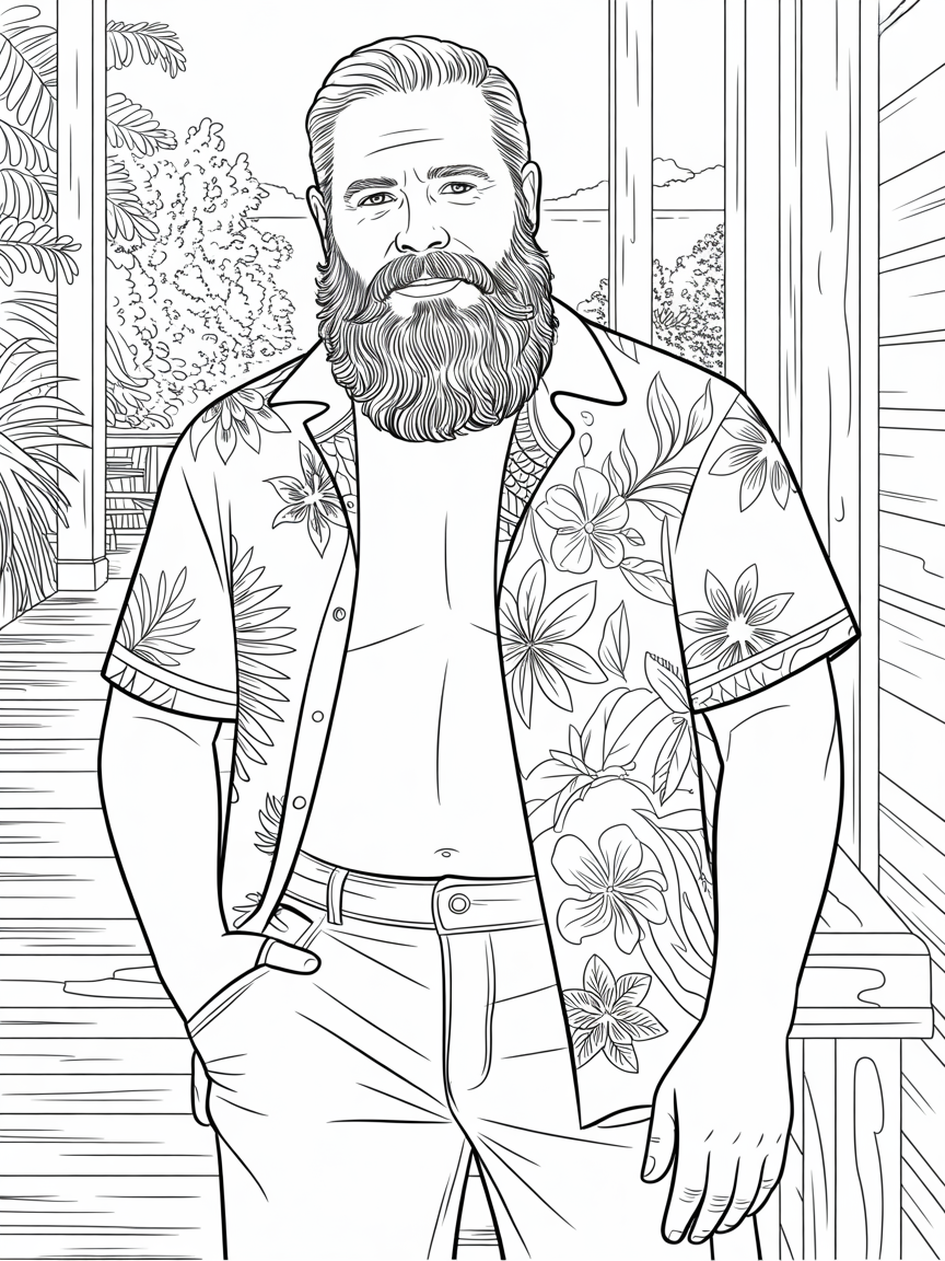 A barrel chested man with a beard. He is wearing jeans and a hawian shirt. - Free Coloring Page