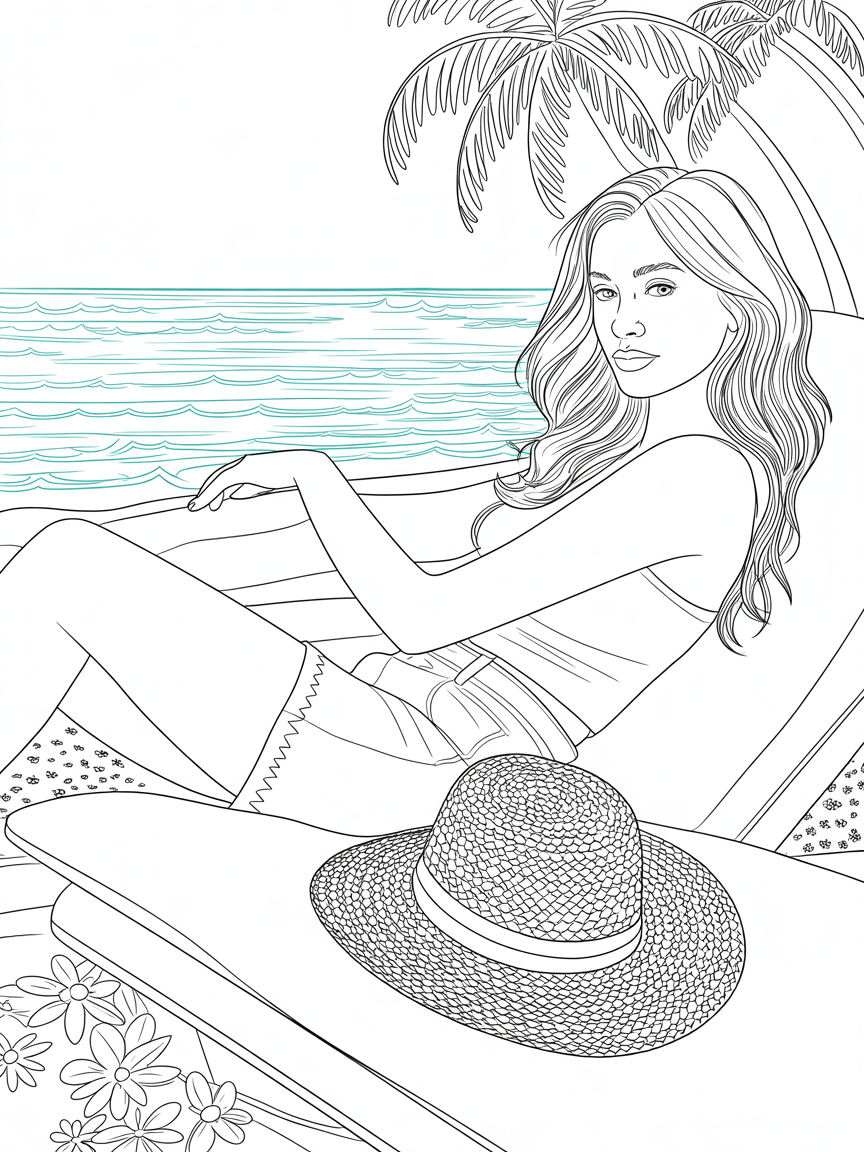 A darkly tanned woman with blonde hair. She is wearing shorts. - Free Coloring Page
