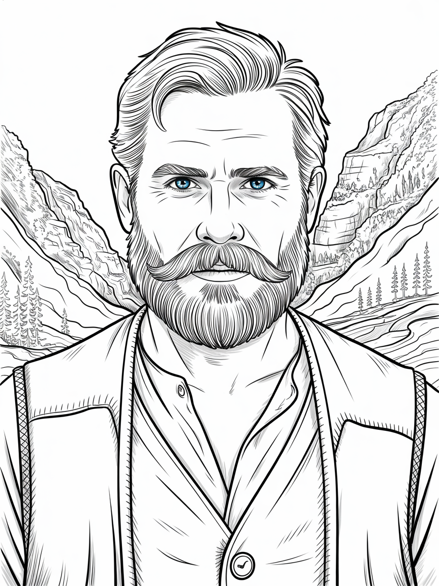 A burly man with deep blue eyes and a steel grey mustache - Free Coloring Page