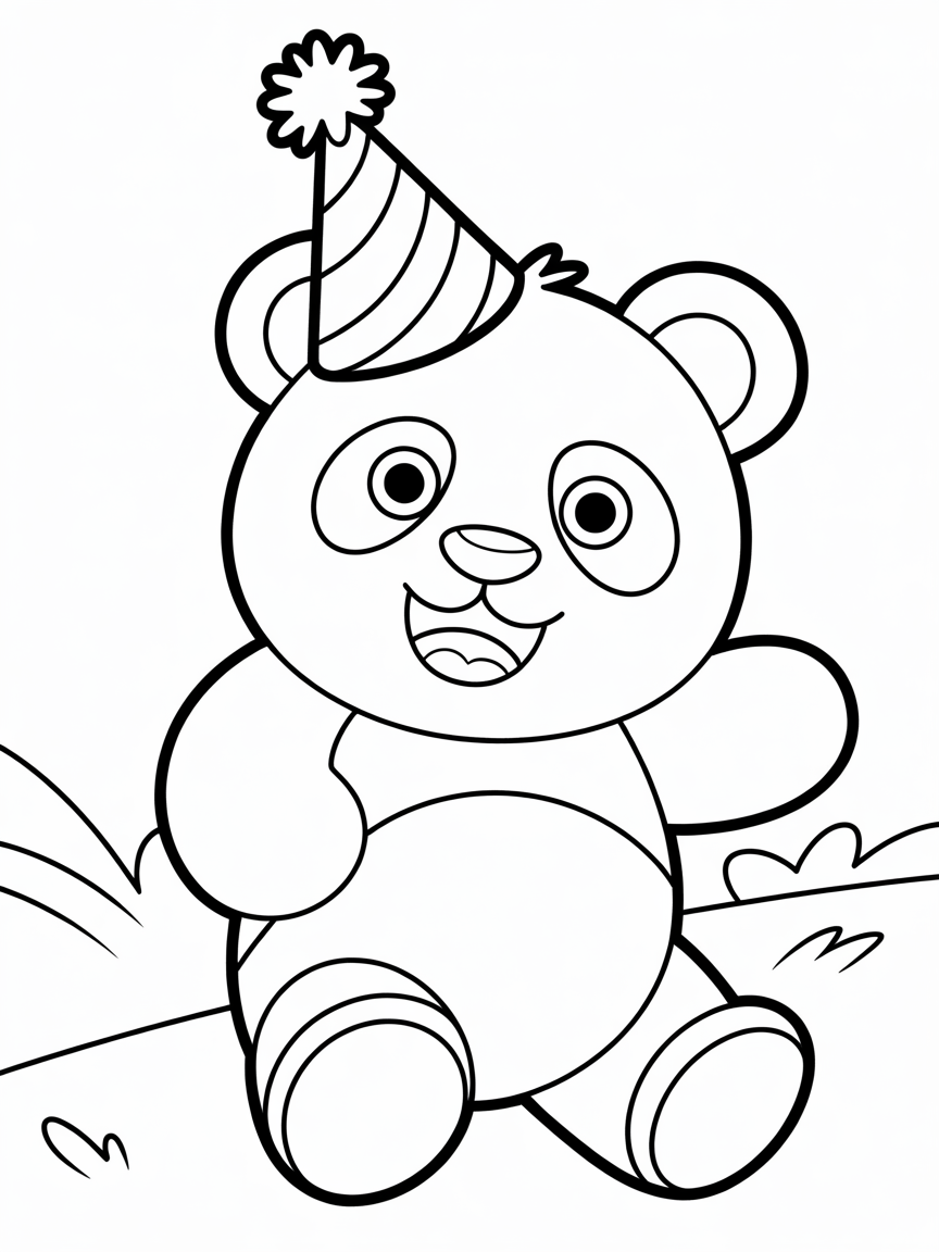 Panda toy with grumpy expression and yellow pary hat - Free Coloring Page