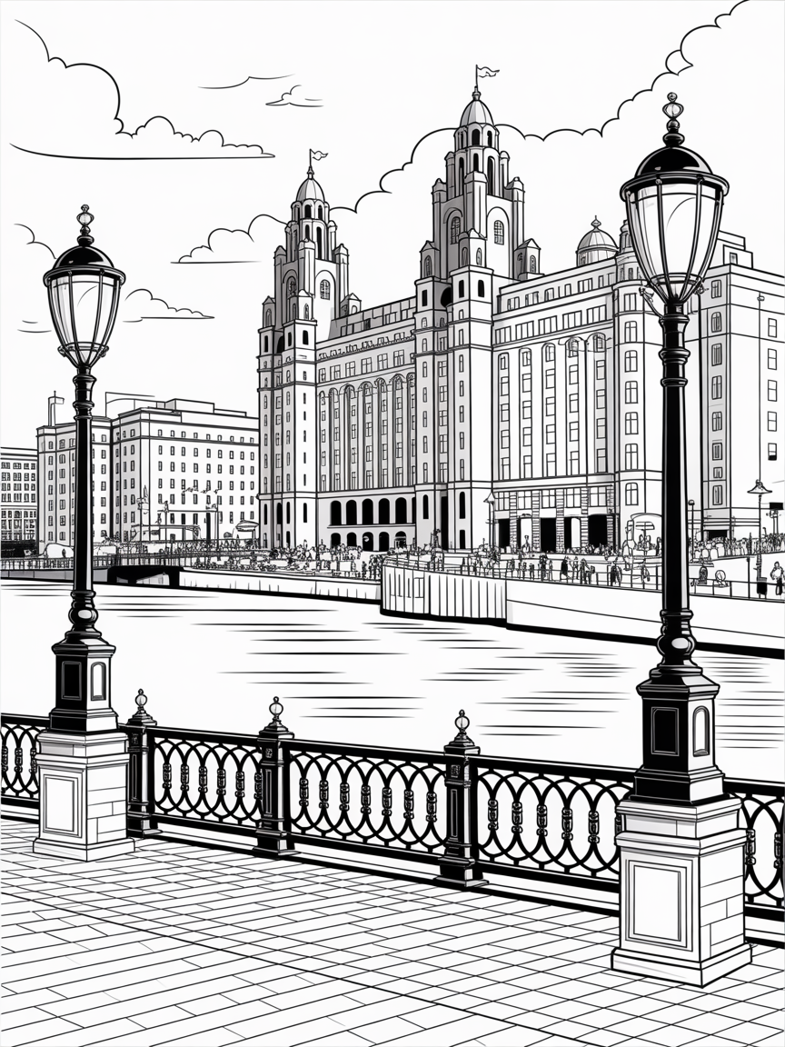 Liverpool in summer with some sunshine colours - Free Coloring Page