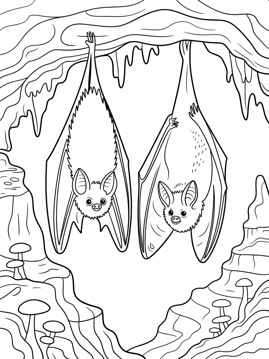 Two bats hanging upside down inside a cave. One is black and the other is brown. - Free Coloring Page