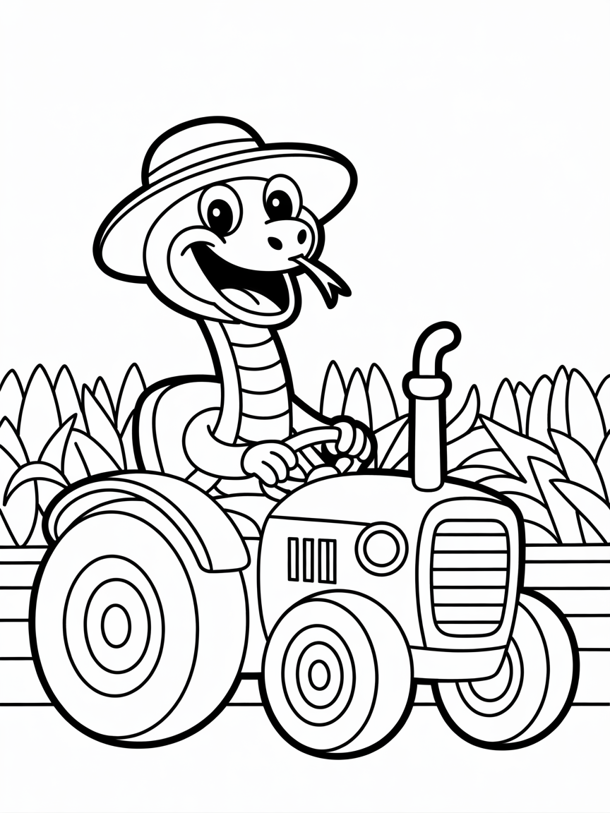 a snake driving a tractor - Free Coloring Page
