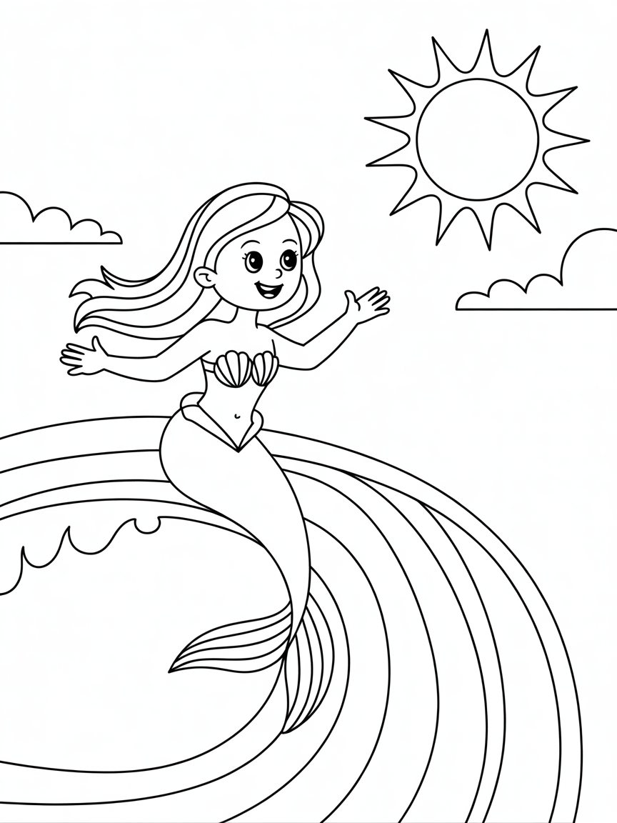 Mermaid surfing on a rainbow wave - Free Coloring Page