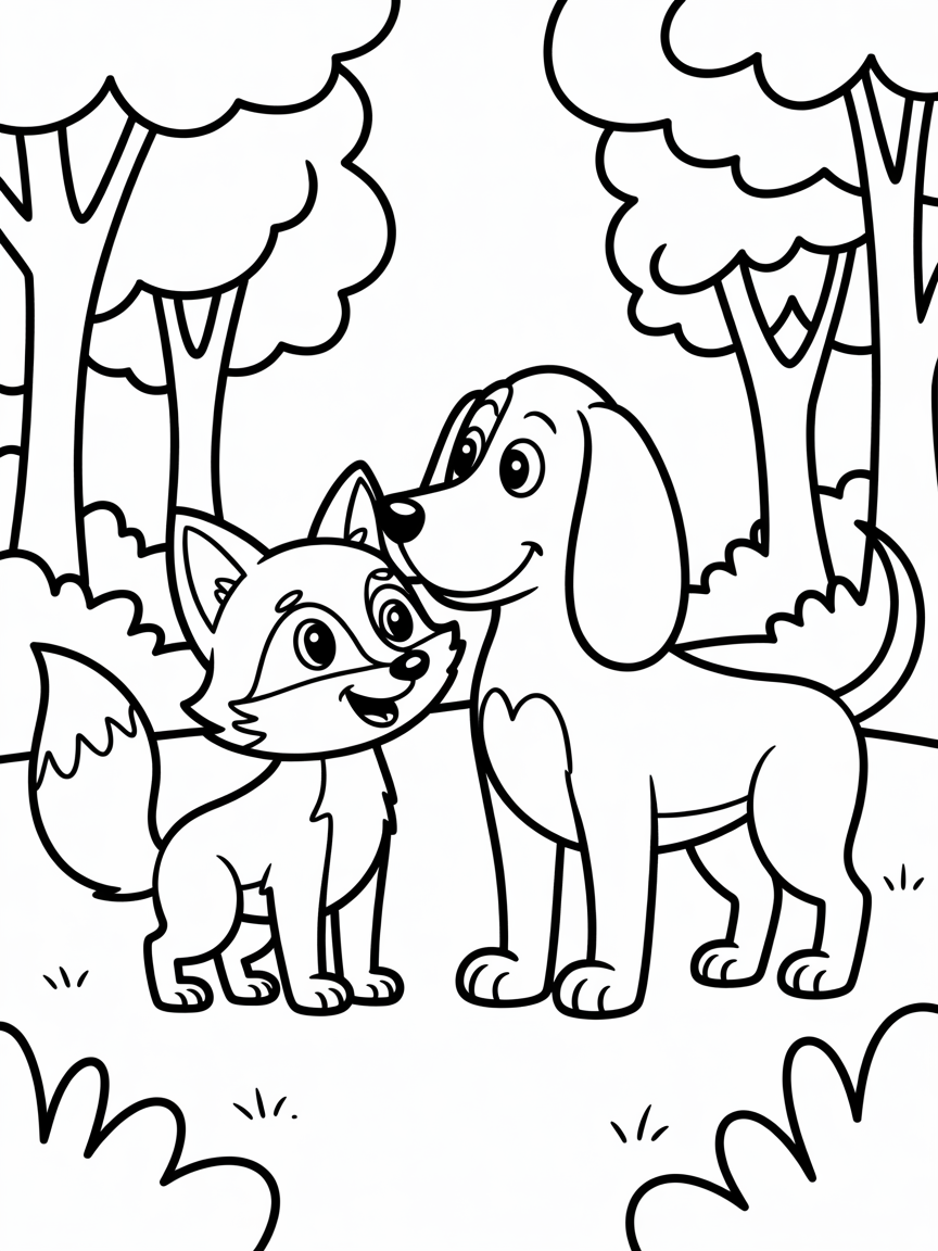 Fox and the hound forest - Free Coloring Page