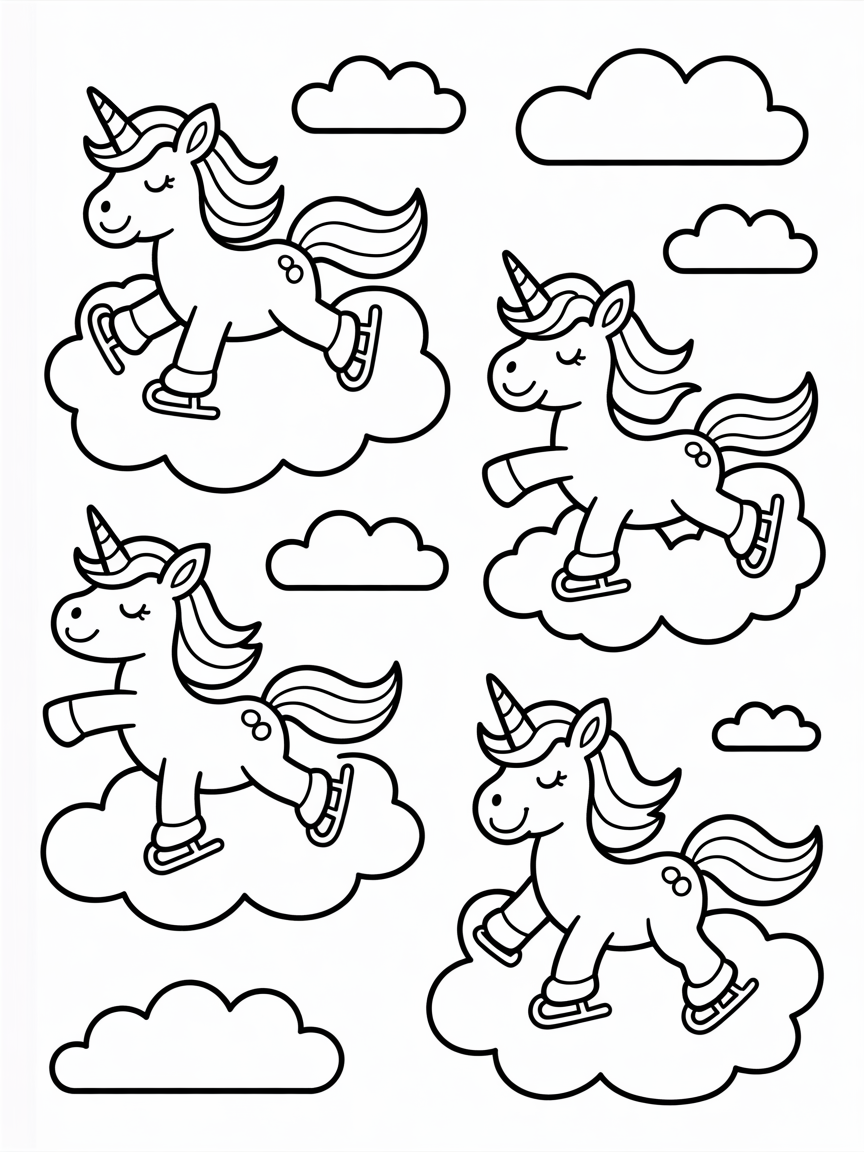 Rainbow unicorns ice skating on clouds - Free Coloring Page