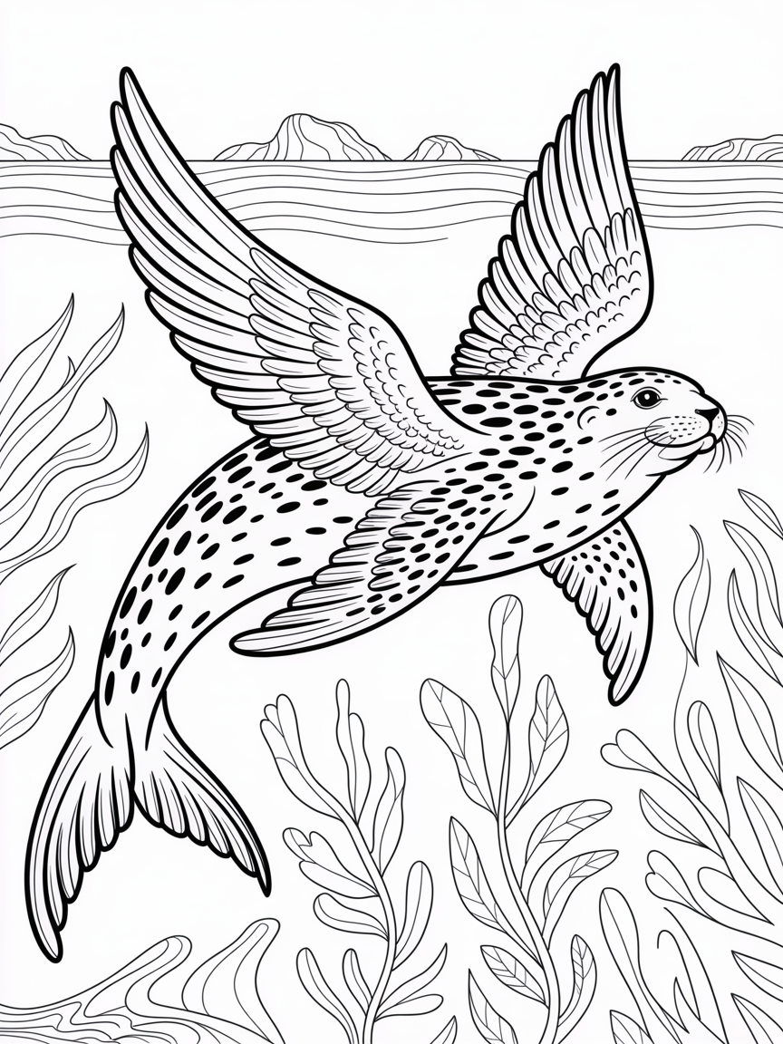 A leopard seal with the wings of a kestrel - Free Coloring Page