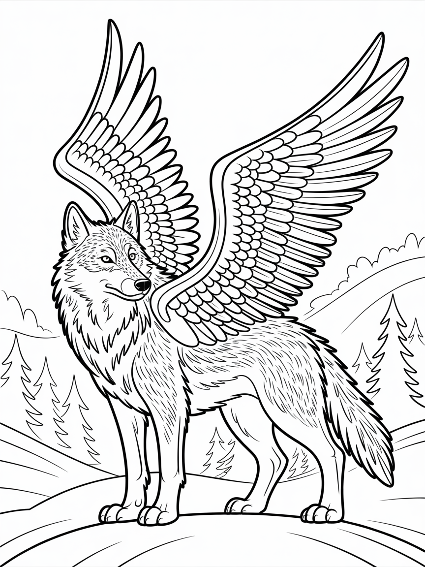 A wolf with the wings of an osprey - Free Coloring Page