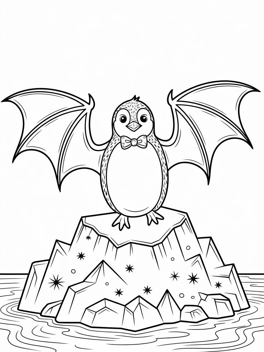 A penguin with the wings of a bat - Free Coloring Page