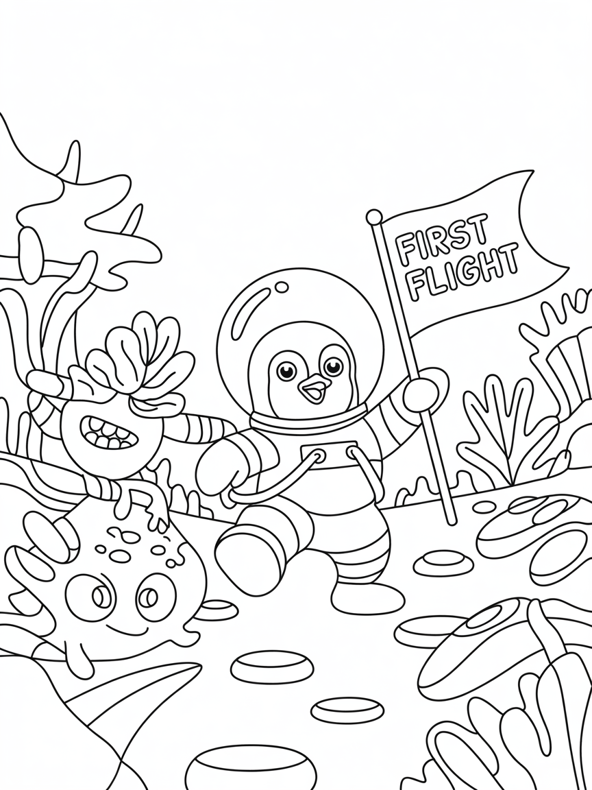 Astronaut penguin exploring a space jungle - Free Coloring Page