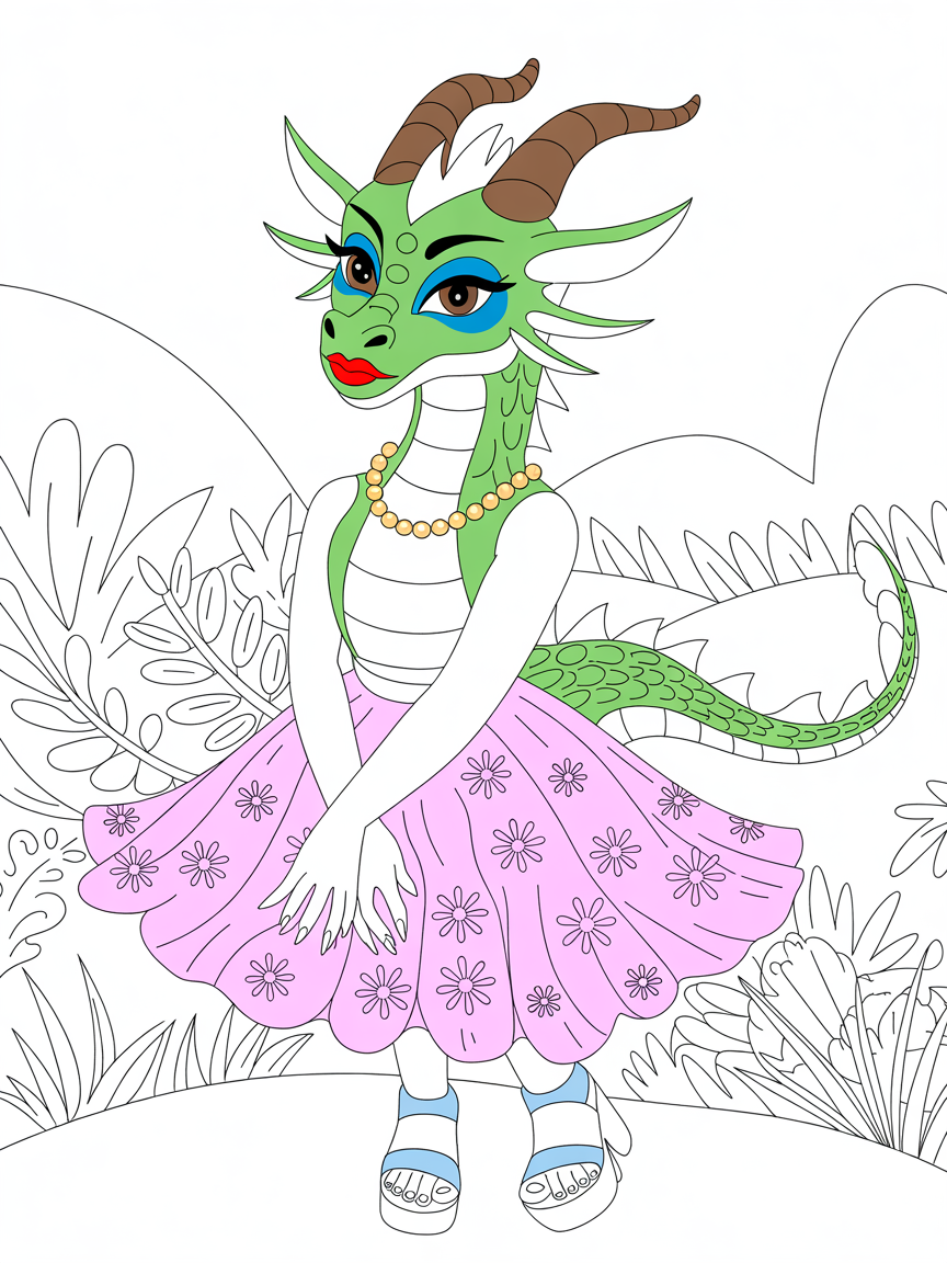 A green dragon with brown horns. She has brown eyes, blue eyeshadow and red lipstick. She is wearing a gold pearl necklace, a pink frilly skirt decorated with purple flowers and a pair of blue platform sandals. - Free Coloring Page