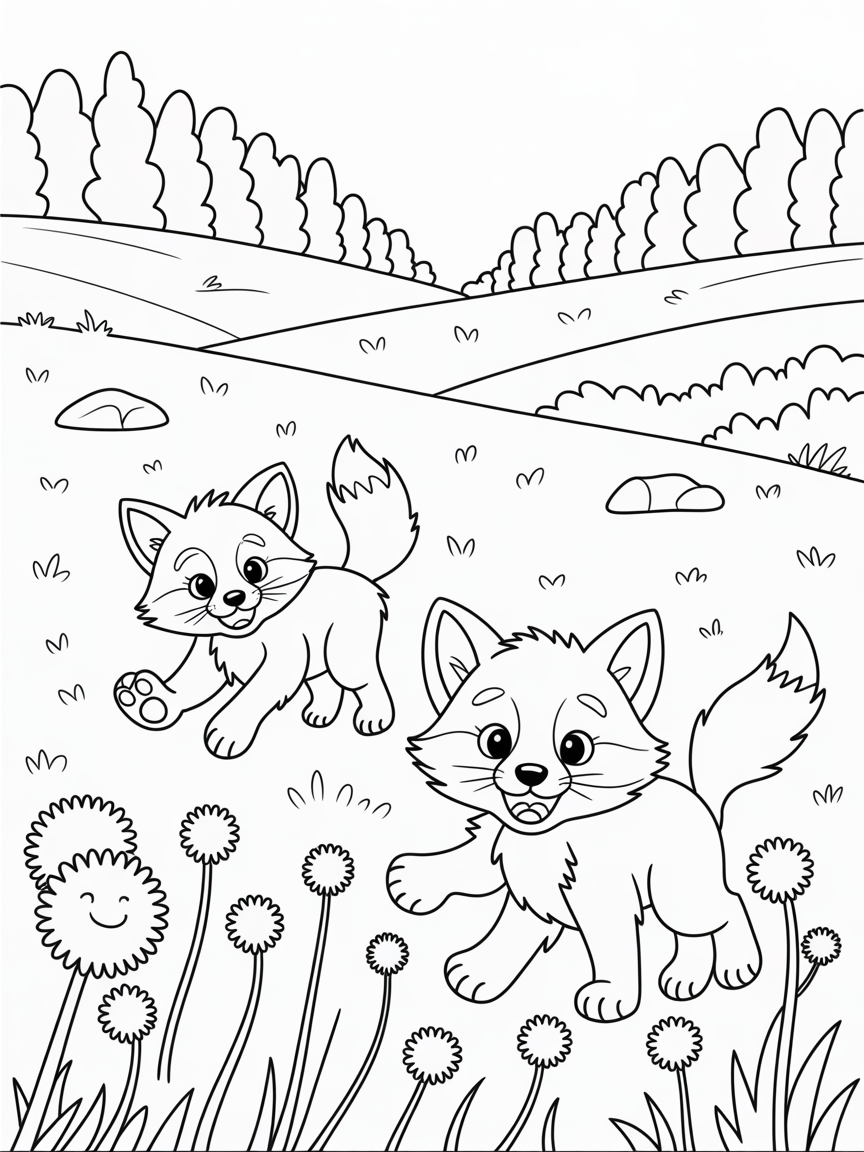 Two foxes playing amidst dandelions in an open fjeld sorrounded by forest - Free Coloring Page