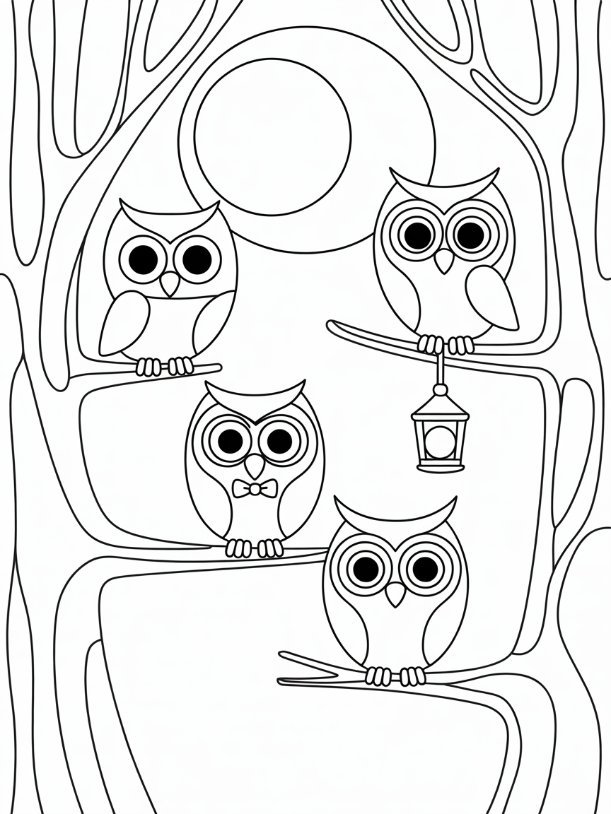 Moonlit forest with friendly owls - Free Coloring Page