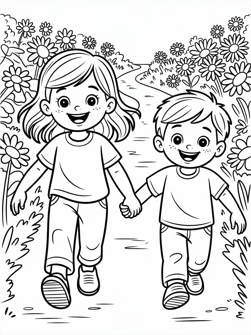 A girl aged 8 brown hair, a boy aged 6 sandy brown hair walking down a path into a flower meadow - Free Coloring Page