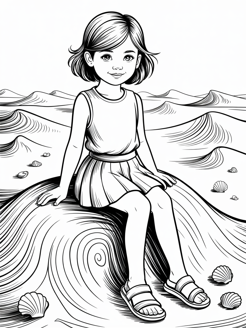 A young girl sitting down wearing a sleeveless shirt, a pleated mini skirt and a pair of open toe sandals. The girl is made of sand and so are her clothing and footwear. - Free Coloring Page