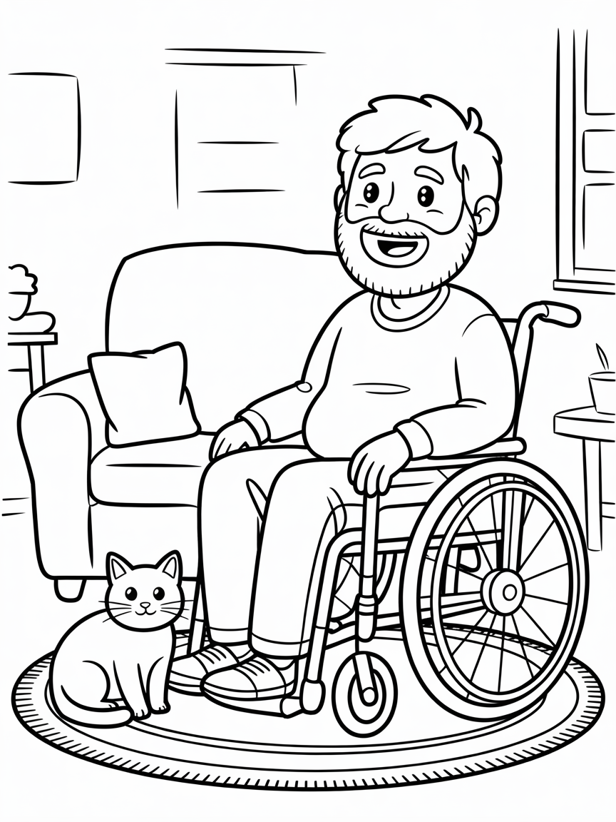 A man 40 is sitting in his wheelchair in his living room. He is plump with shaggy hair and beard. With him is a short haired cat . - Free Coloring Page