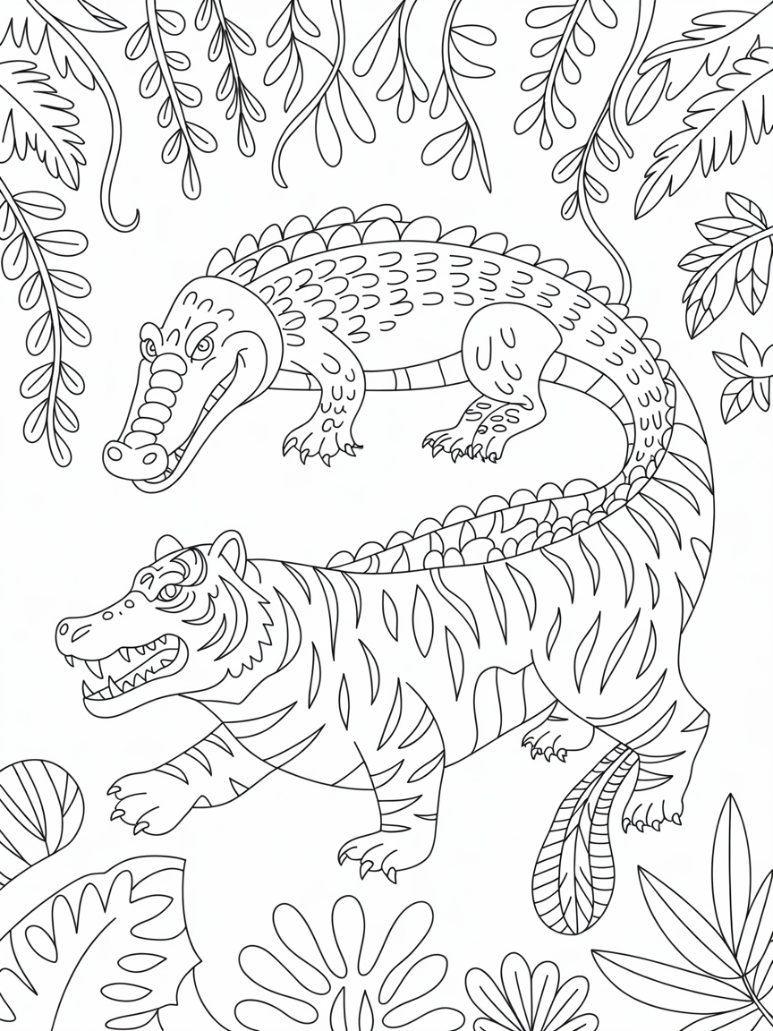 A creature with the head of an alligator, the body of a tiger and the tail of a goose. - Free Coloring Page