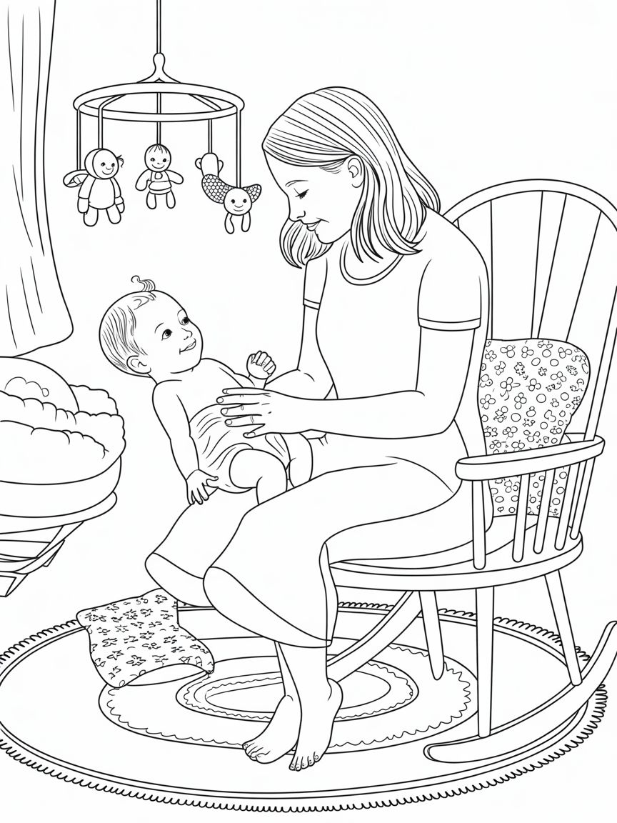 A woman is putting a nappy on her baby girl - Free Coloring Page