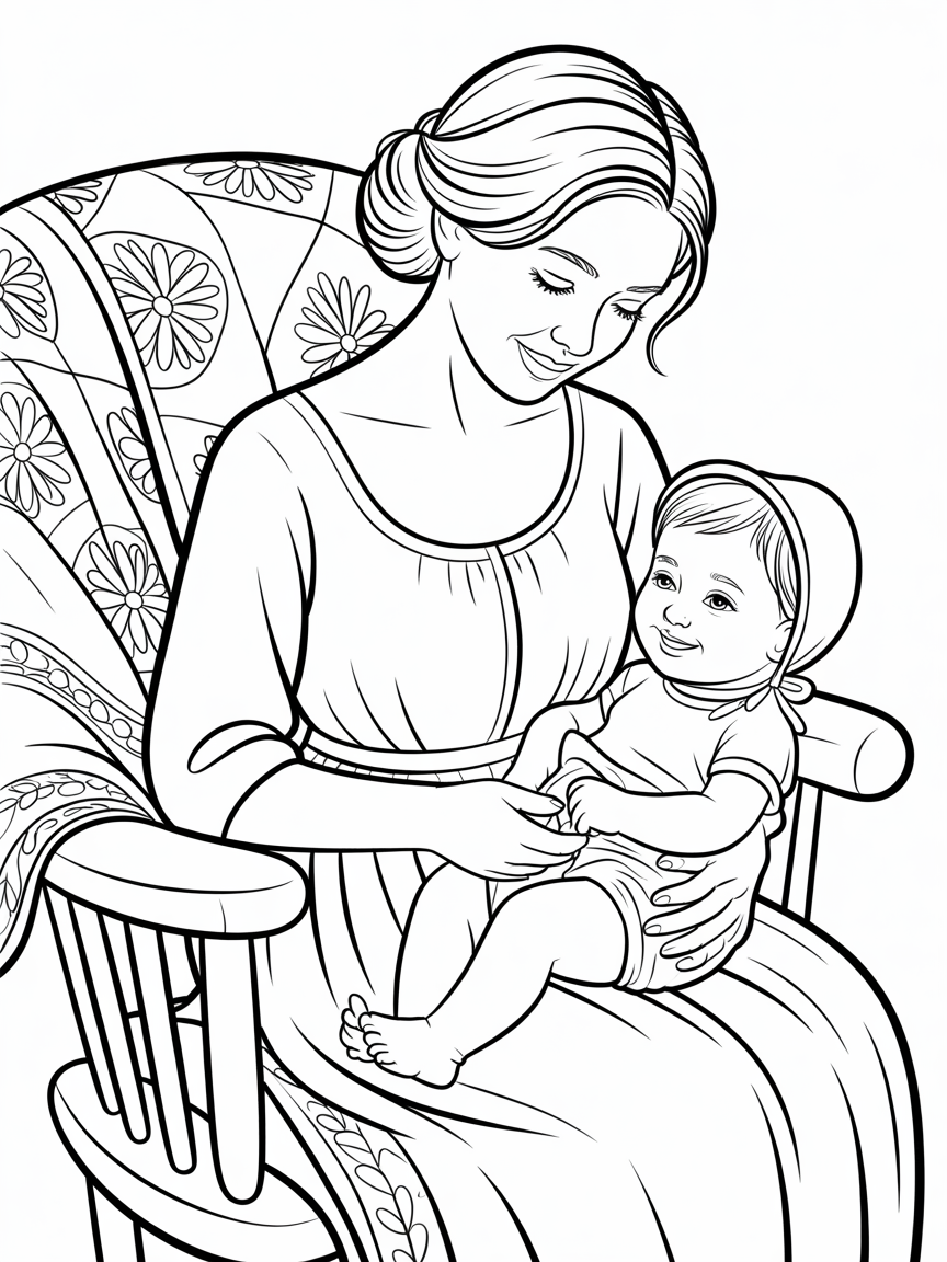 A woman is pinning a nappy on her baby girl - Free Coloring Page