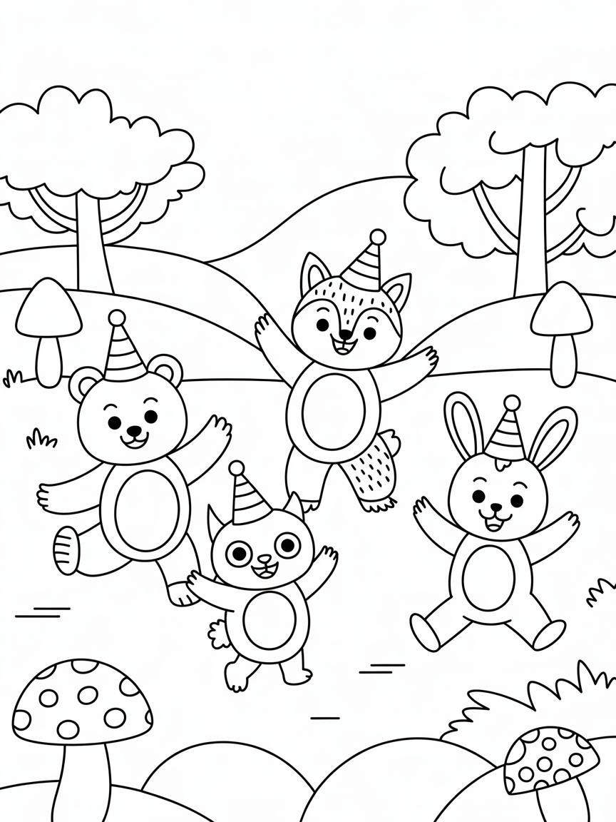 Moonlit forest animals dancing party - Free Coloring Page