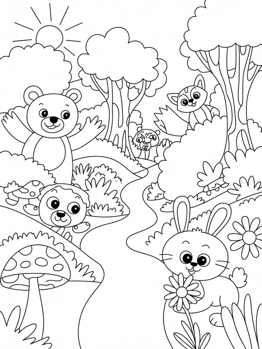 A forest with animals and flowers - Free Coloring Page