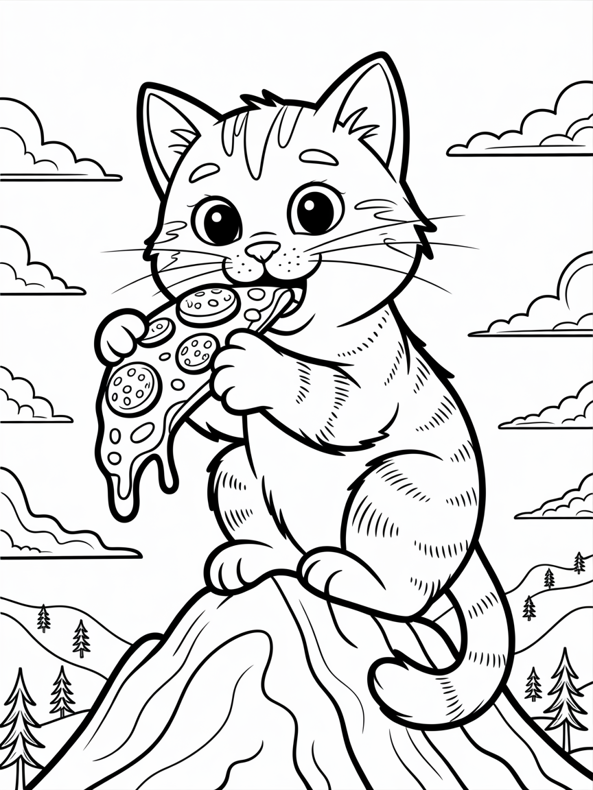 Cute cat eating pizza at the mountain - Free Coloring Page