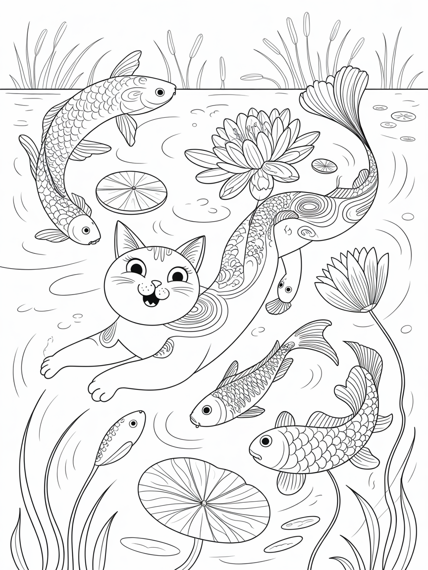 Cute cat swimming with fish have lotus - Free Coloring Page