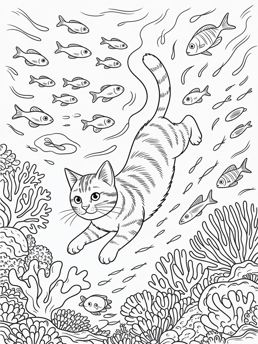 Cute cat swimming with fish with beautiful coral - Free Coloring Page