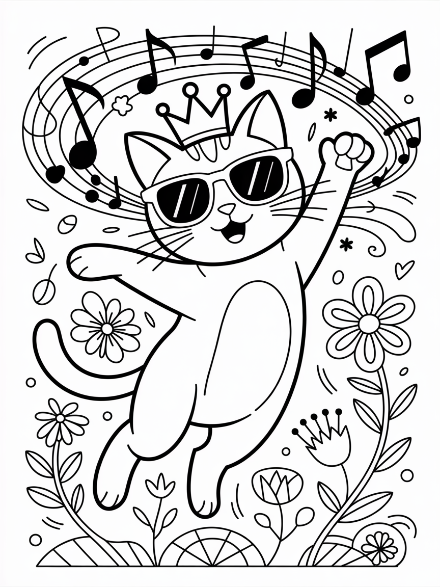 Cute cat dancing have crown at the head with black sunglasses - Free Coloring Page