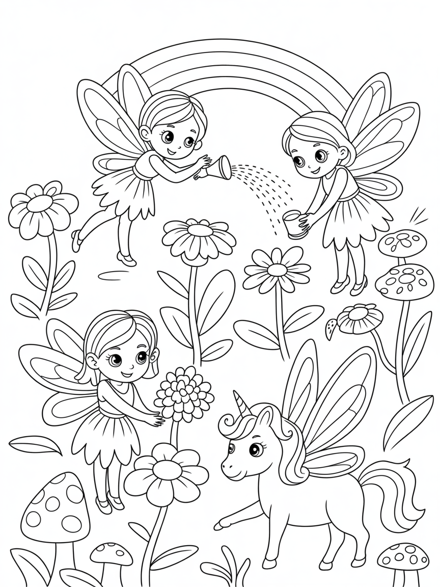Fairies, fairy garden, rainbows, unicorns - Free Coloring Page