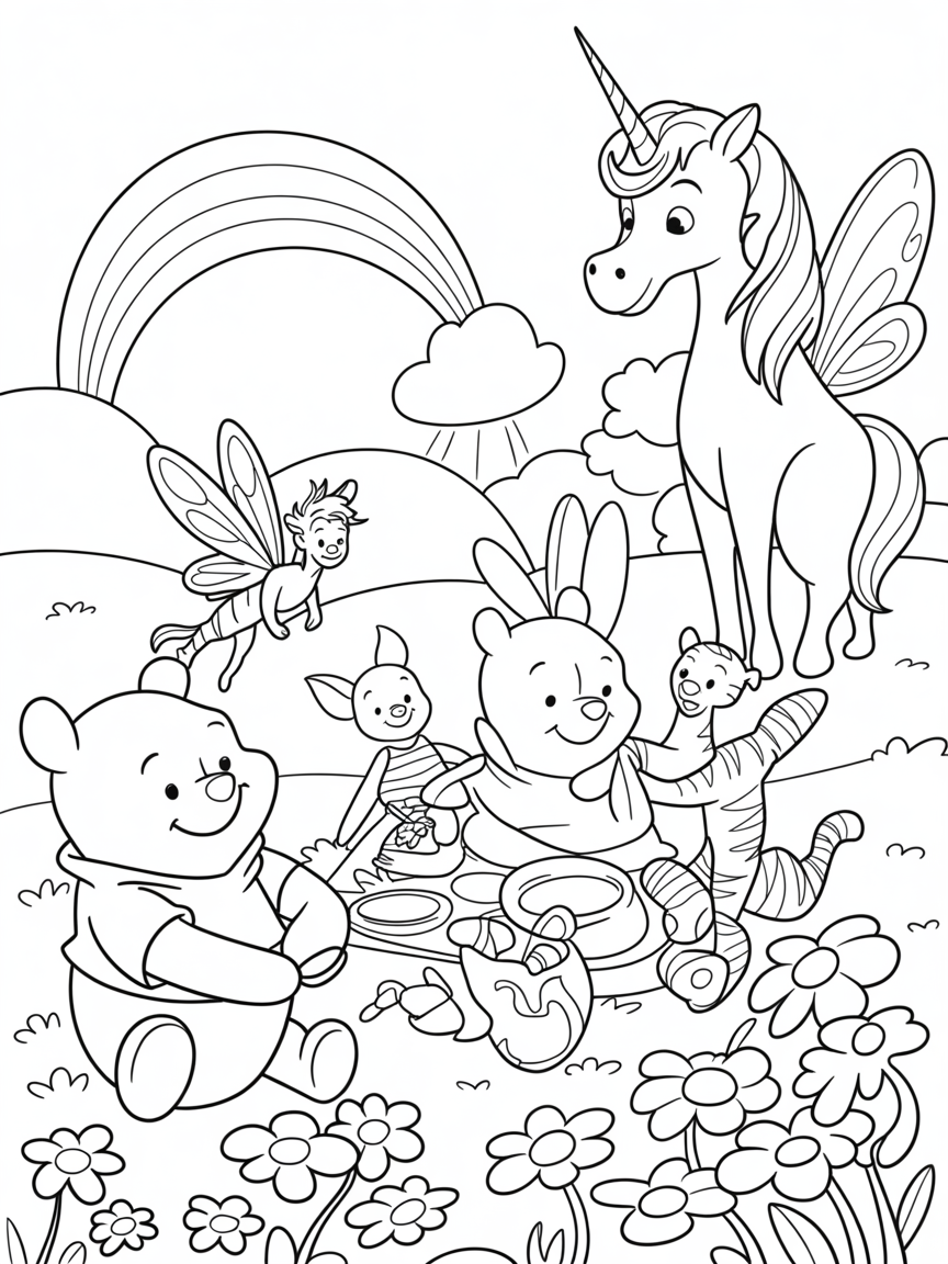 Fairies, fairy garden, rainbows, unicorns, Winnie the Pooh, Piglet, Tiger, Eeyore - Free Coloring Page