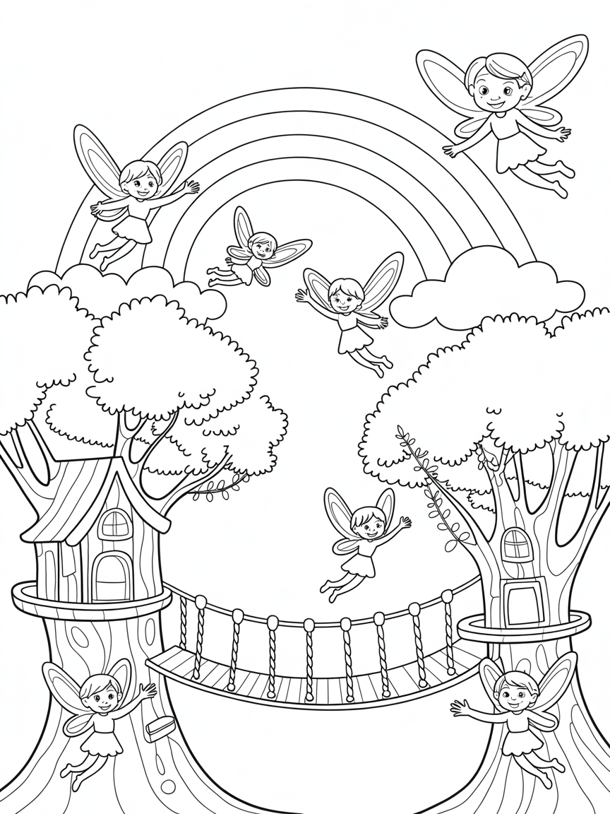 Fairy garden with fairies flying above tree houses and swinging on swings, rainbows in the sky - Free Coloring Page