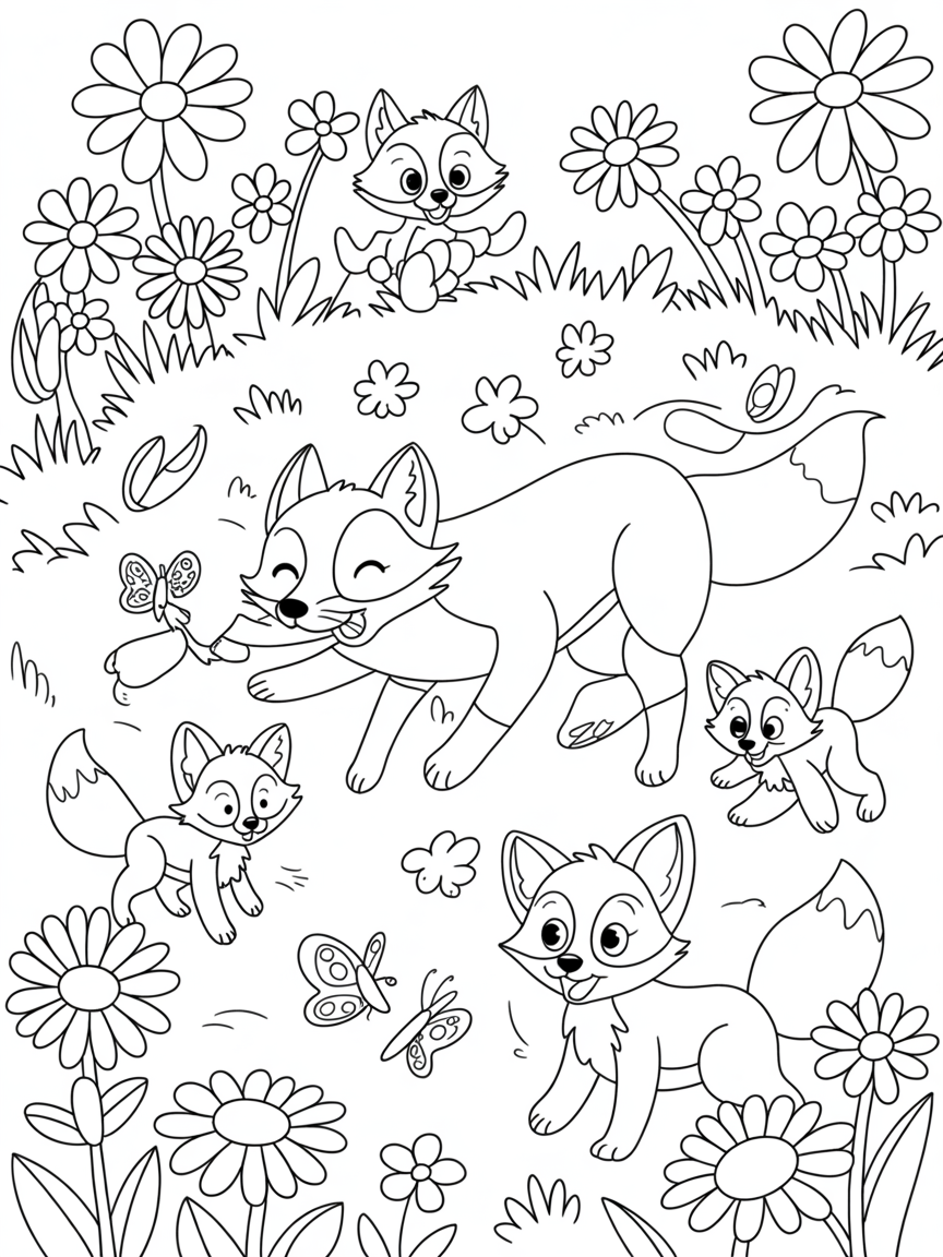 A simple picture of a fox family in a meadow with flowers - Free Coloring Page