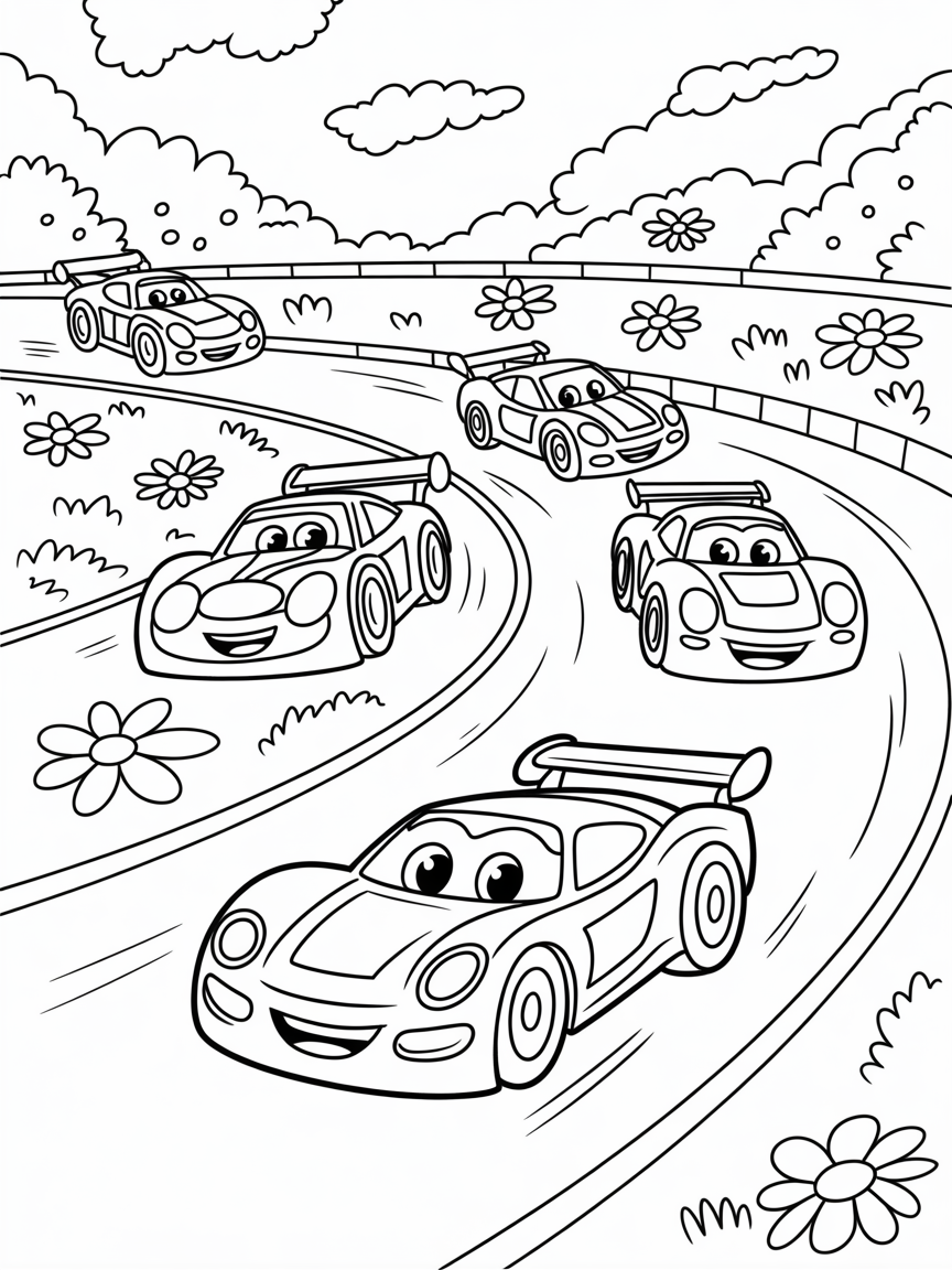 A racetrack with cars - Free Coloring Page