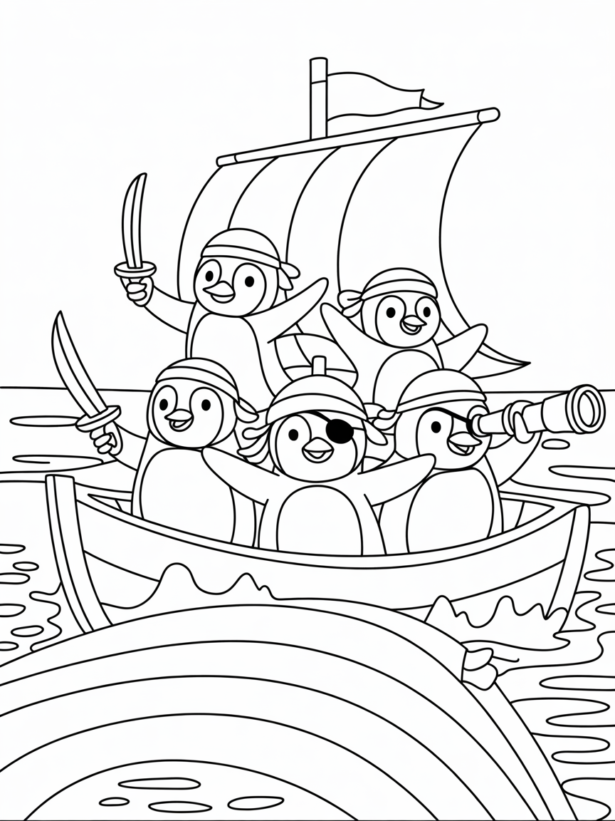 Pirate penguins sailing a rainbow sea - Free Coloring Page