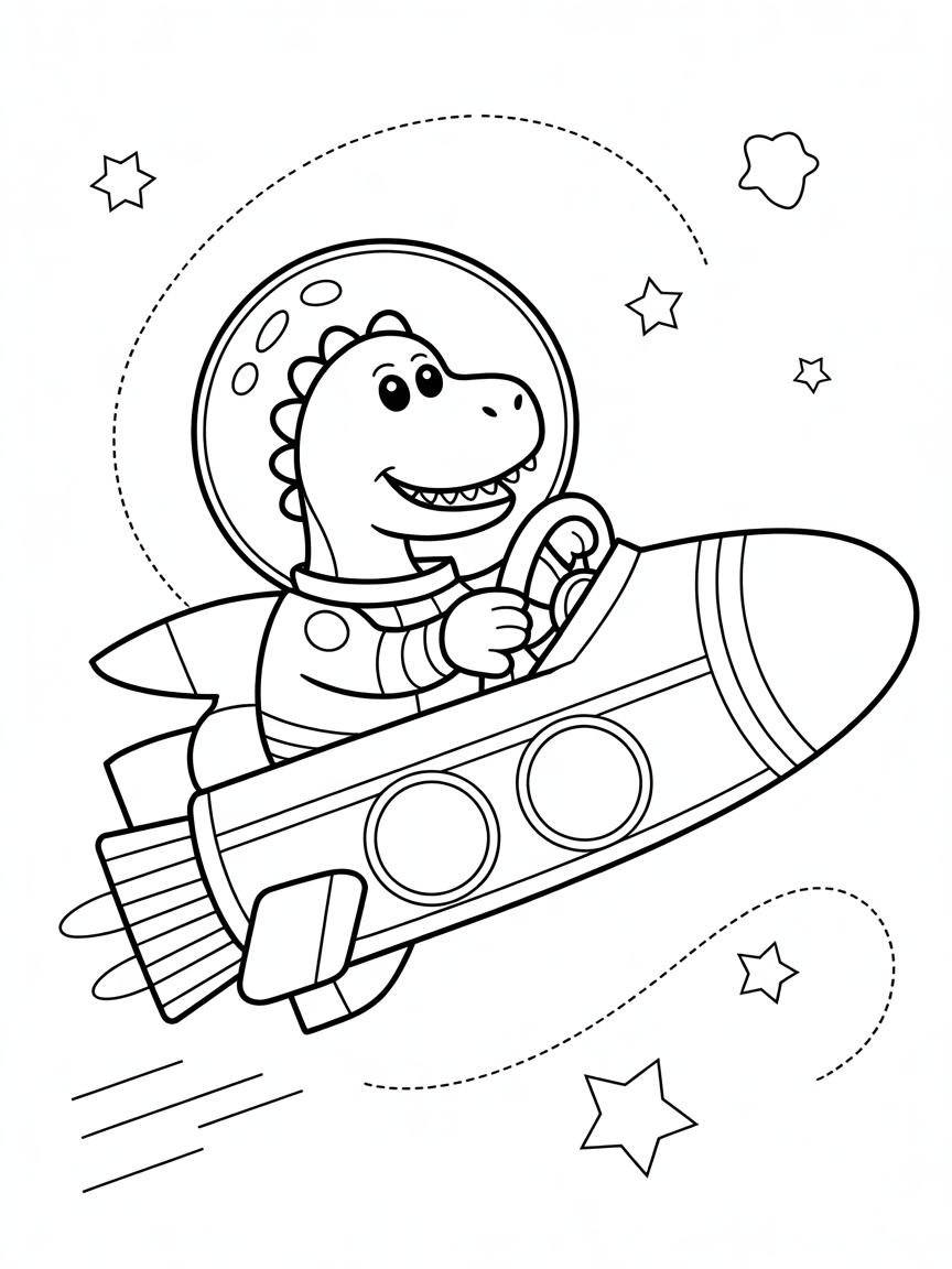A dinosaur on a spaceship - Free Coloring Page