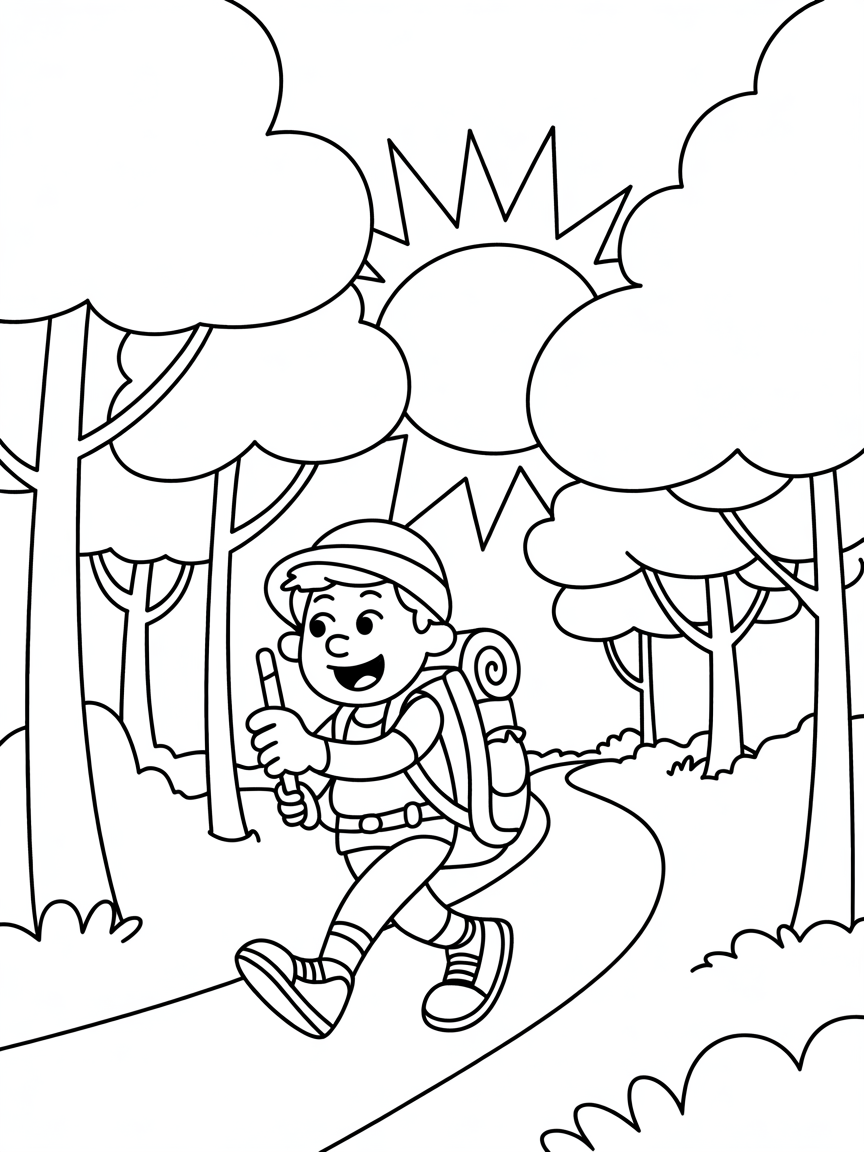 A hiker in the woods - Free Coloring Page