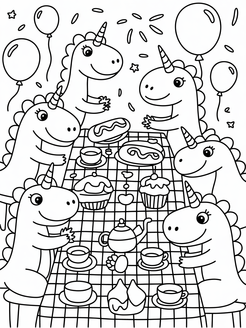 dinosaur-unicorns eating hot dogs and cupcakes and having a tea party with balloons - Free Coloring Page