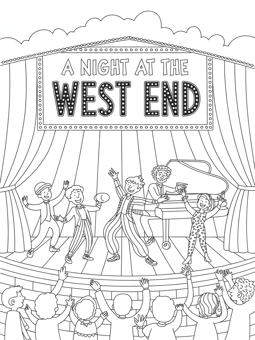 a musical theatre one with text saying a night at the west end - Free Coloring Page