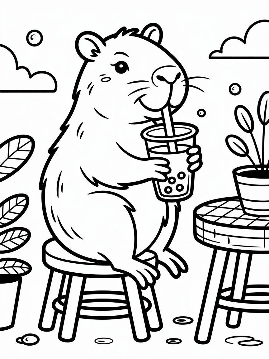 capybara drinking boba - Free Coloring Page