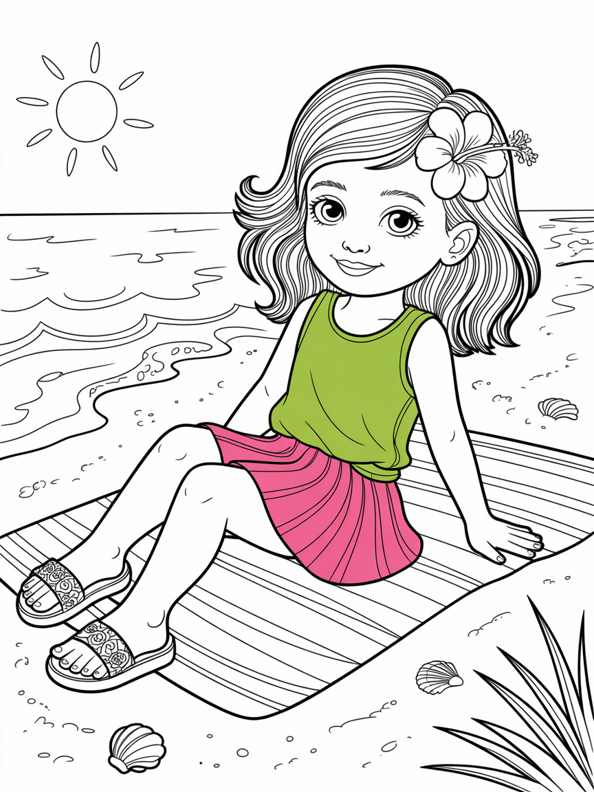 A young girl wearing a green sleeveless shirt, a pink pleated mini skirt and a pair of black open toe sandals. Her hair is brown. She is sitting on a towel on the beach. - Free Coloring Page