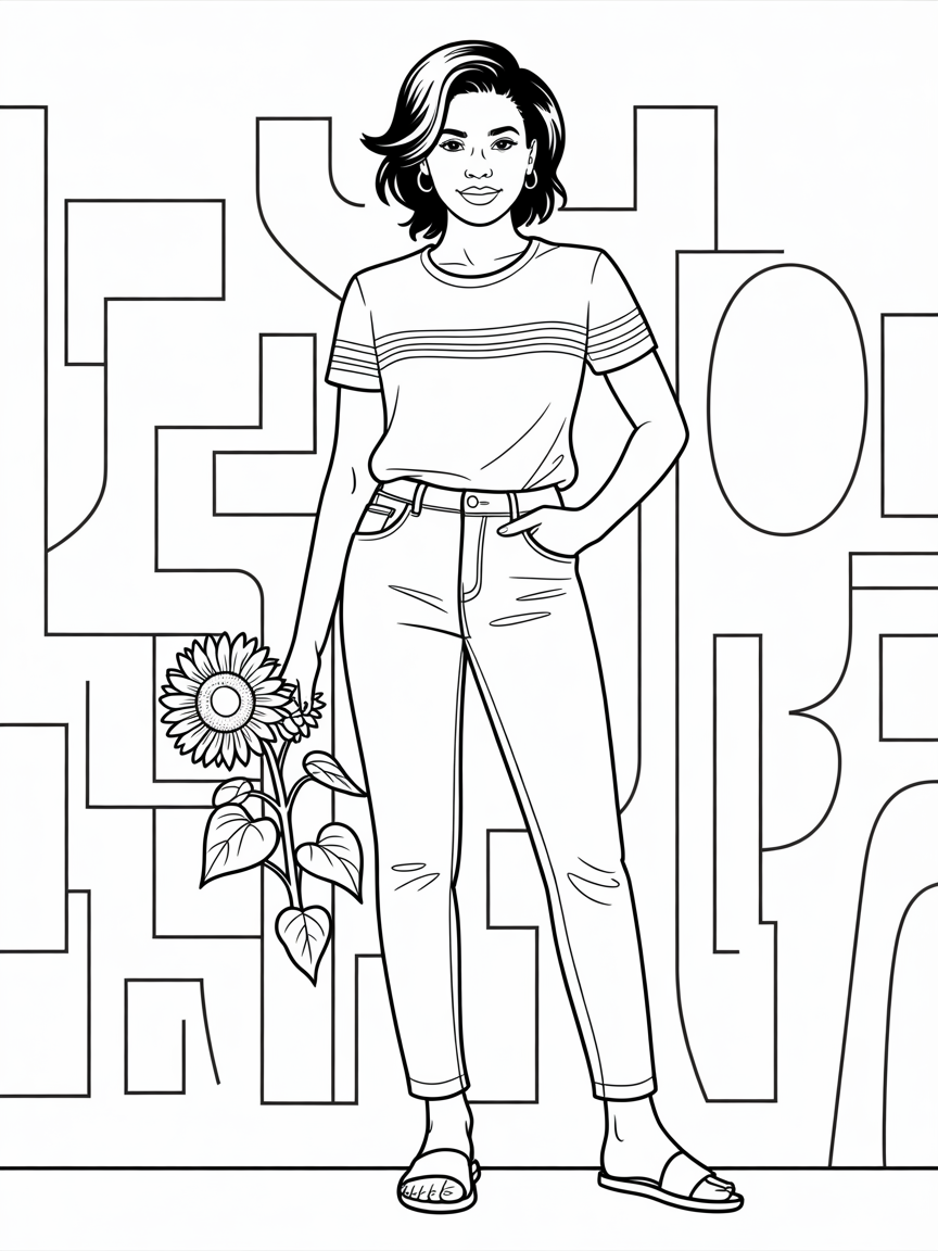 A black woman wearing a white to shirt with stripes, blue jeans and black sandals. - Free Coloring Page