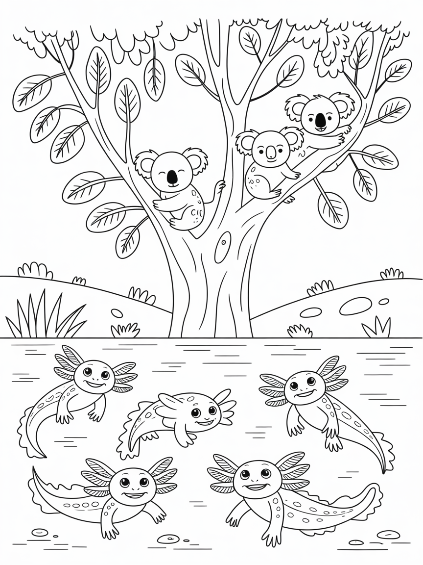 Koalas in trees and axolotls in water below - Free Coloring Page