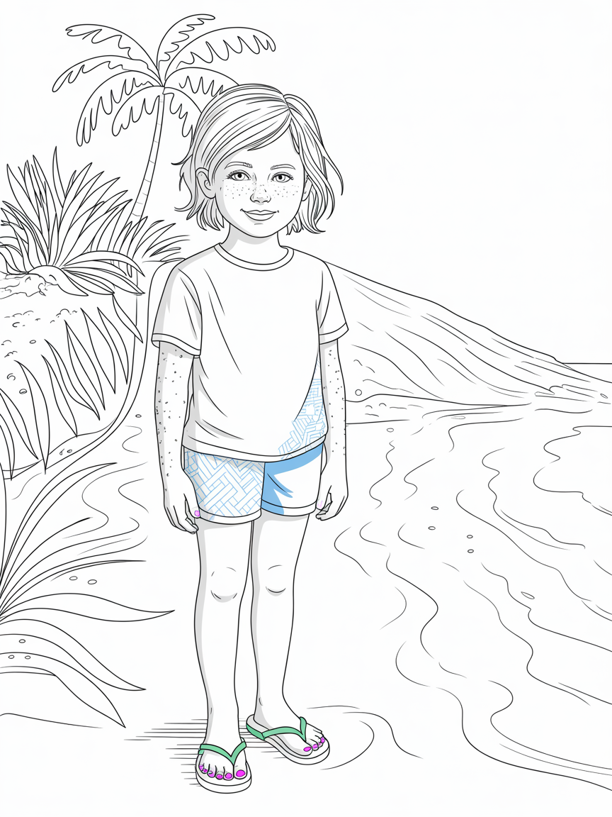 A freckled girl wearing a white t shirt, blue shorts green flip flops. Her toenails are purple. - Free Coloring Page