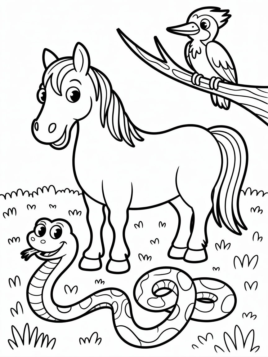 Horse snake woodpecker - Free Coloring Page