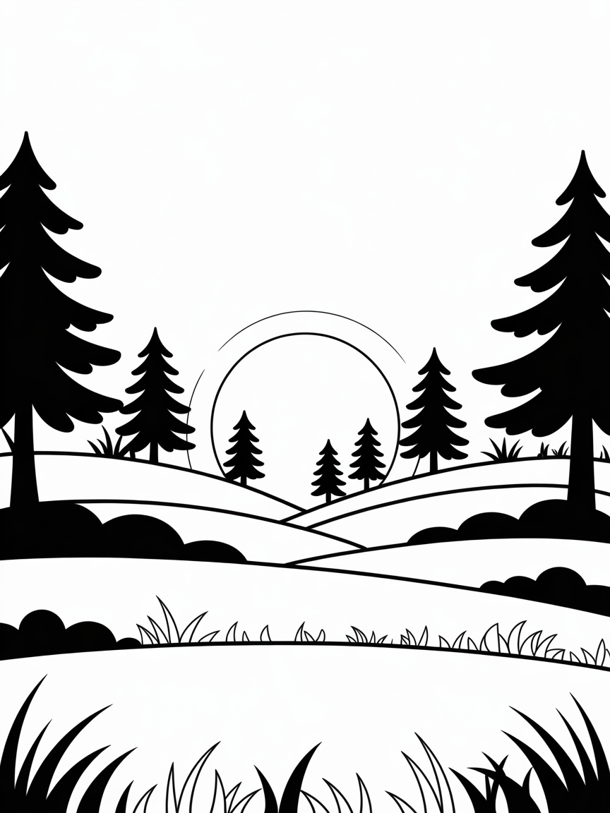 Sunset in forest no animals - Free Coloring Page