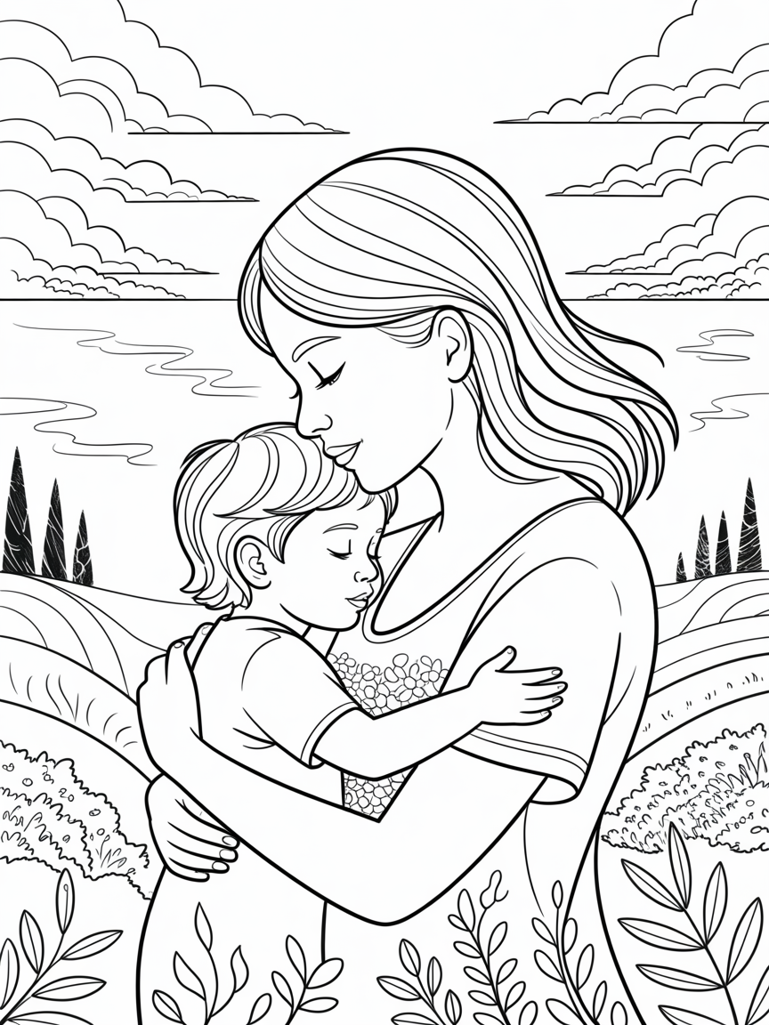 Sunset silhouette mother hugging a child - Free Coloring Page