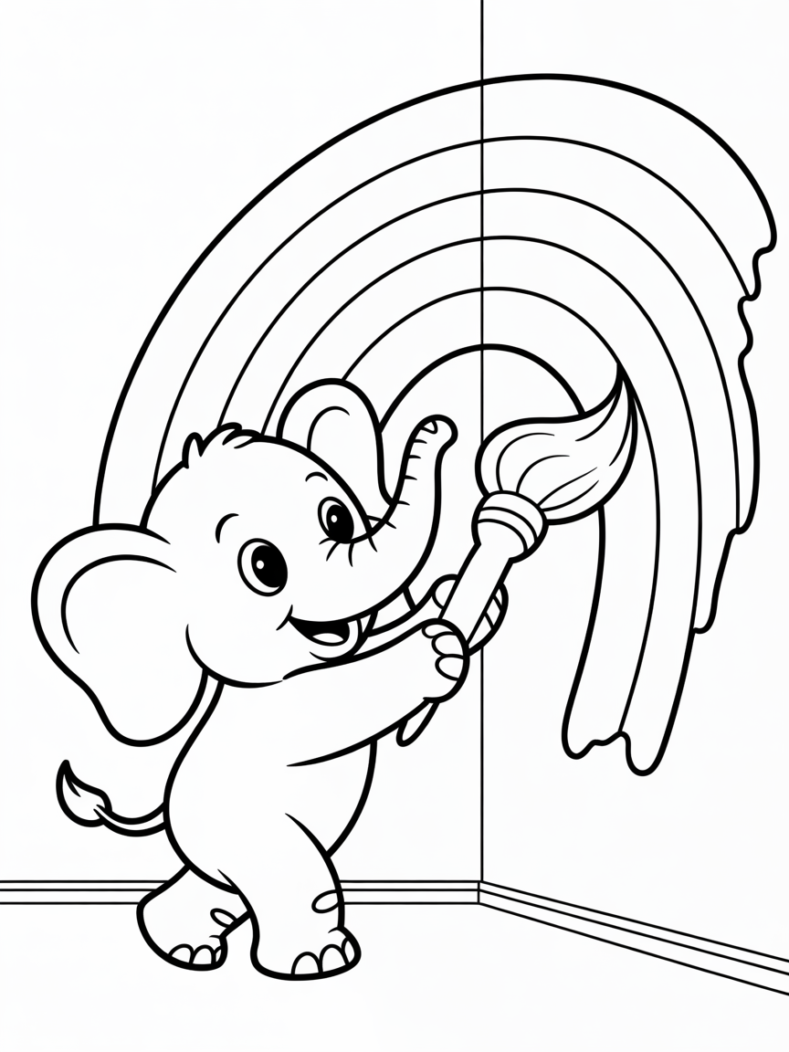 Elephant painting a rainbow mural - Free Coloring Page